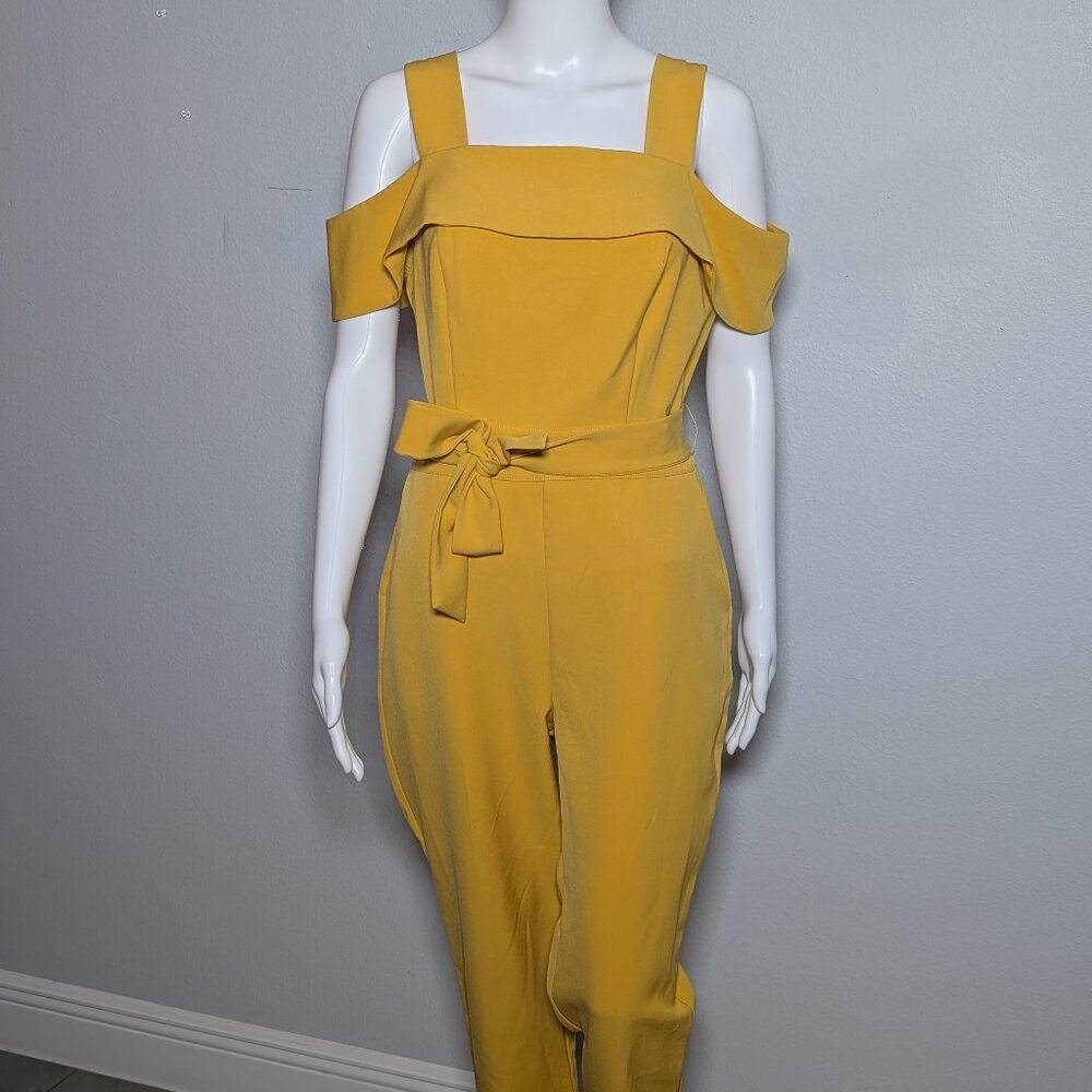 New York & Company Mustard Yellow Cold Shoulder Jumpsuit – Size Medium
